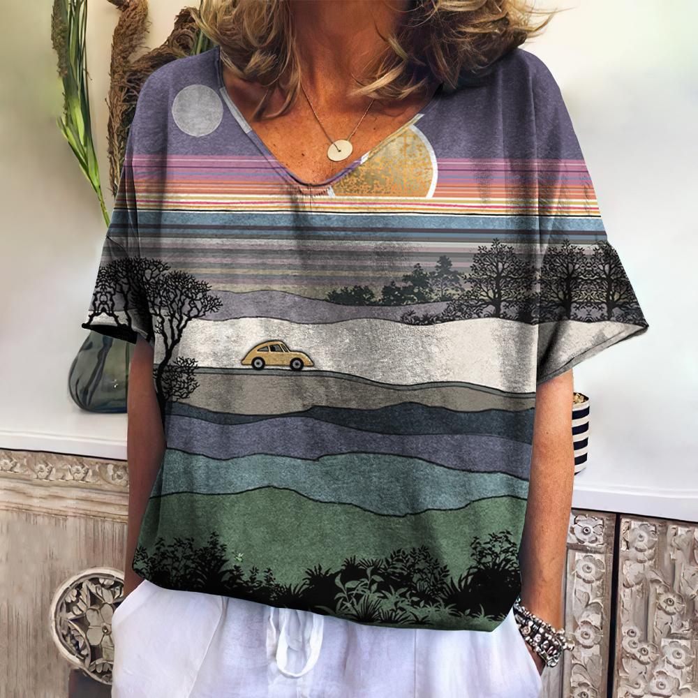 Summer Women's T-shirt Landscape V-neck T Shirt Ladies Fashion Short Sleeve Tops Retro Streetwear Fashion Clothes Female Casual