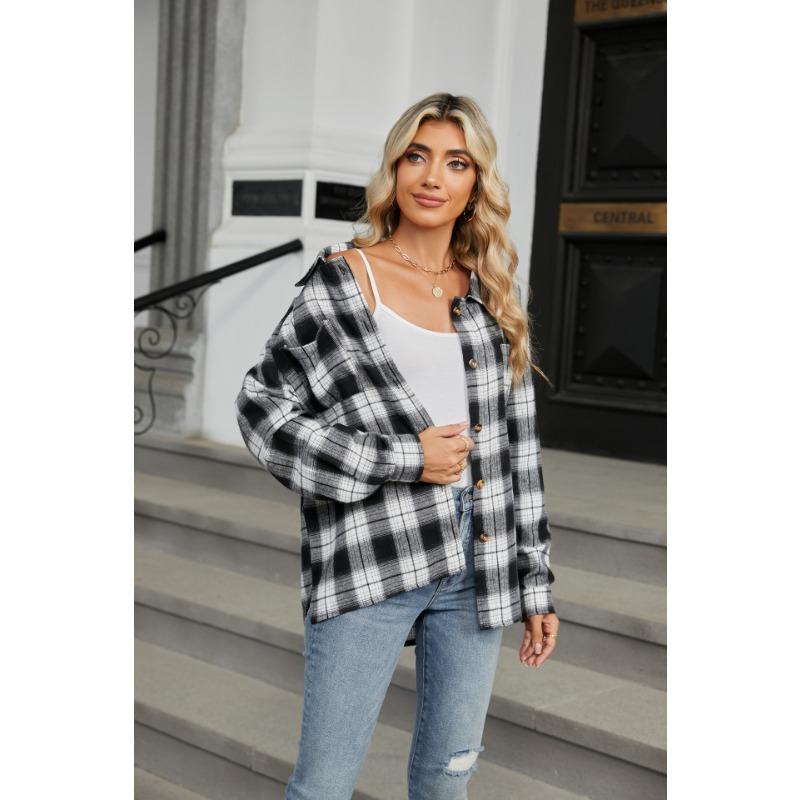 Весенне-осенняя куртка женская блузка больших размеров с лацканами и длинными рукавами, карманами на пуговицах, клетчатая рубашка