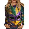 3D Mardi Gras Mask Printed Top Casual Long Sleeved Women's T-shirts - Soft Medium Stretch Polyester Fabric Spring and Autumn Relaxed Fit Clothing