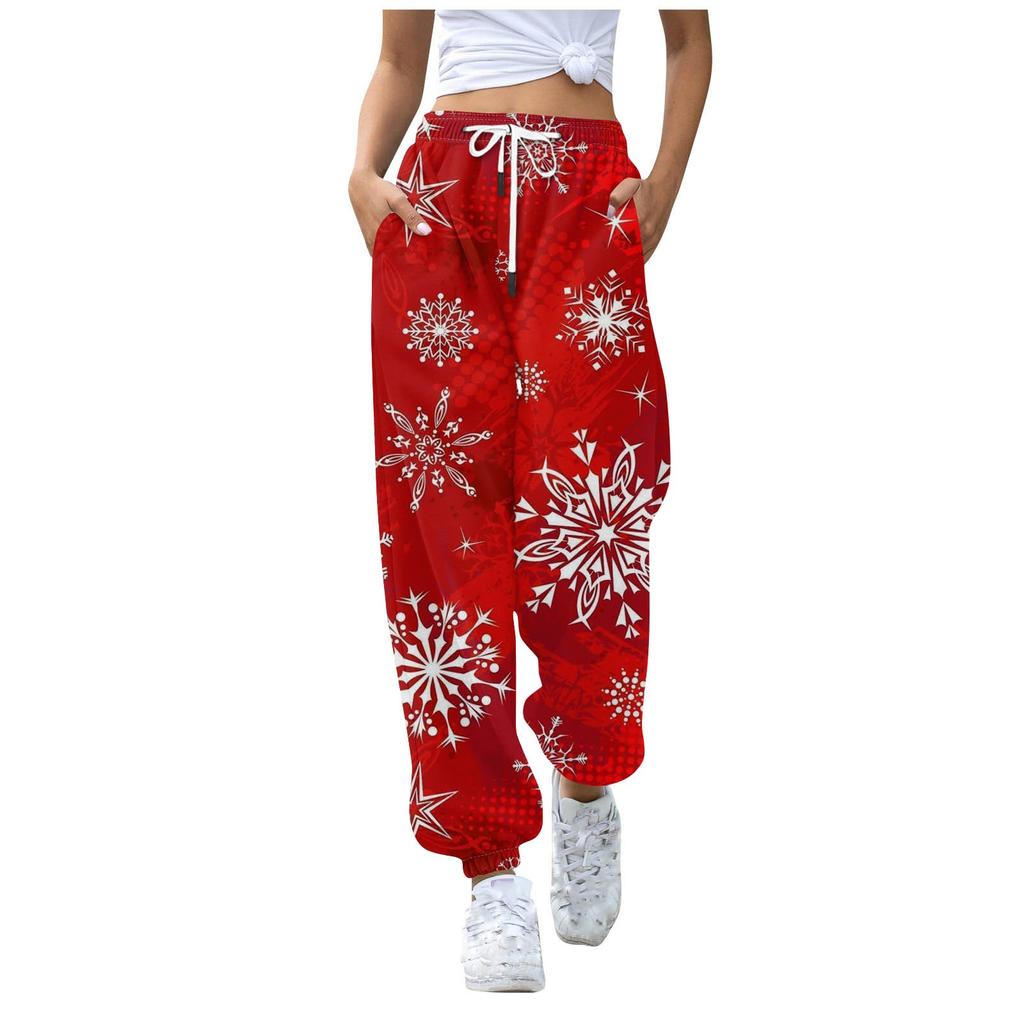Женские повседневные брюки для отдыха с рождественским принтом, спортивные брюки, брюки с эластичной резинкой на талии, брюки с завязками на шнурке