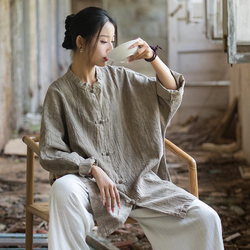 Johnature Женские рубашки рами в китайском стиле с длинными рукавами и осенними блузками, однотонные свободные винтажные женские рубашки