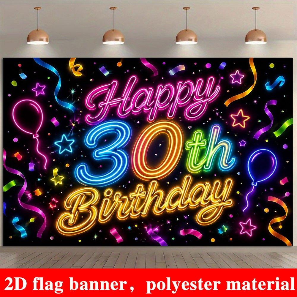 2D Flat Banner, 30th Birthday Party Backdrop, Neon Numbers, Balloons, Ribbons, Stars, Polyester