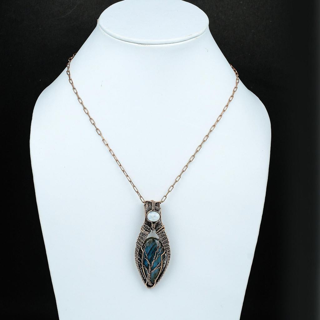 Древо Жизни Лабрадорит Медный Кулон Кулон из Драгоценного Камня, Обвитый Медной Проволокой Радужный Лунный Камень Медные Украшения Лучший Подарок для Нее Подарок для Мамы