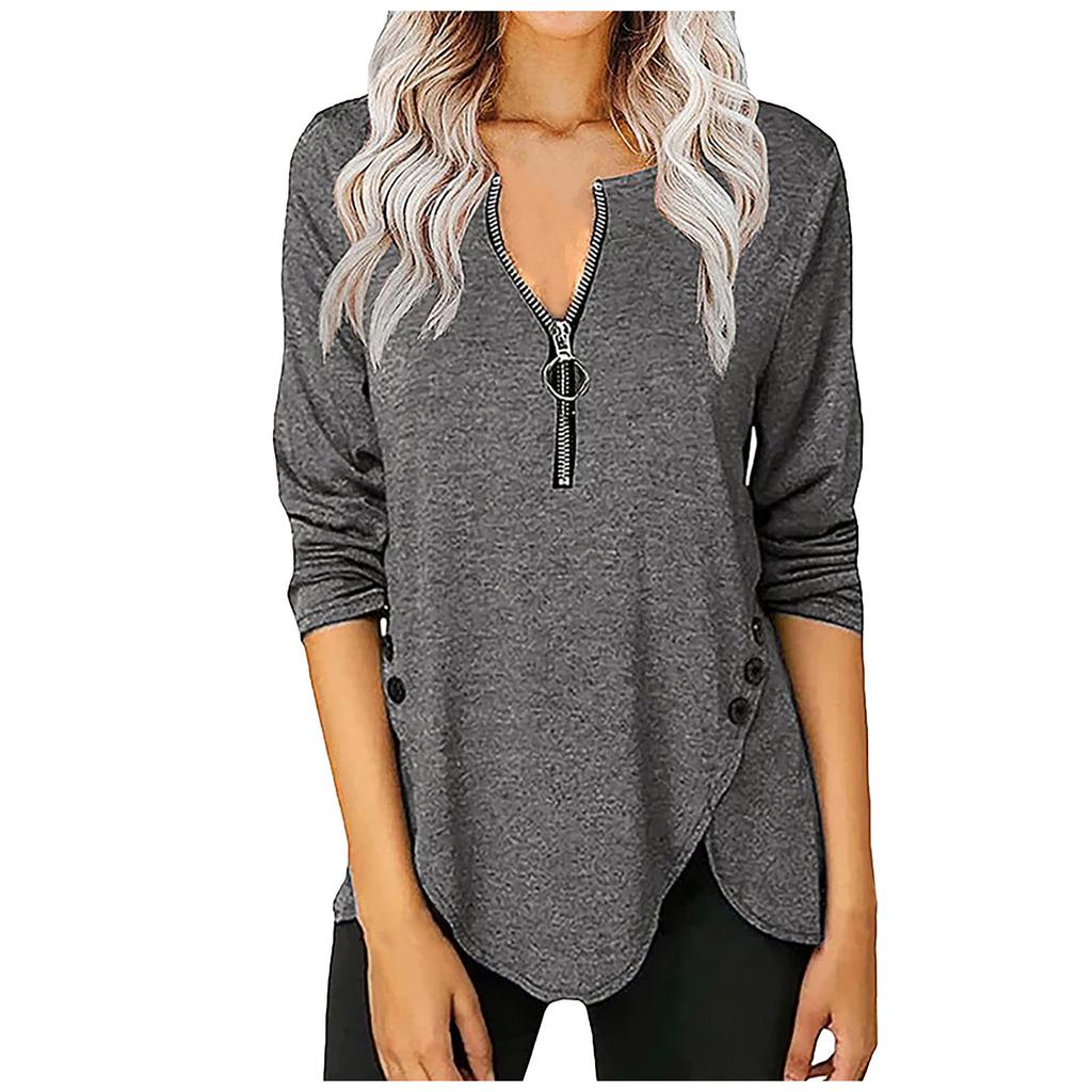 Женская повседневная осенняя футболка с длинными рукавами на молнии и пуговицах