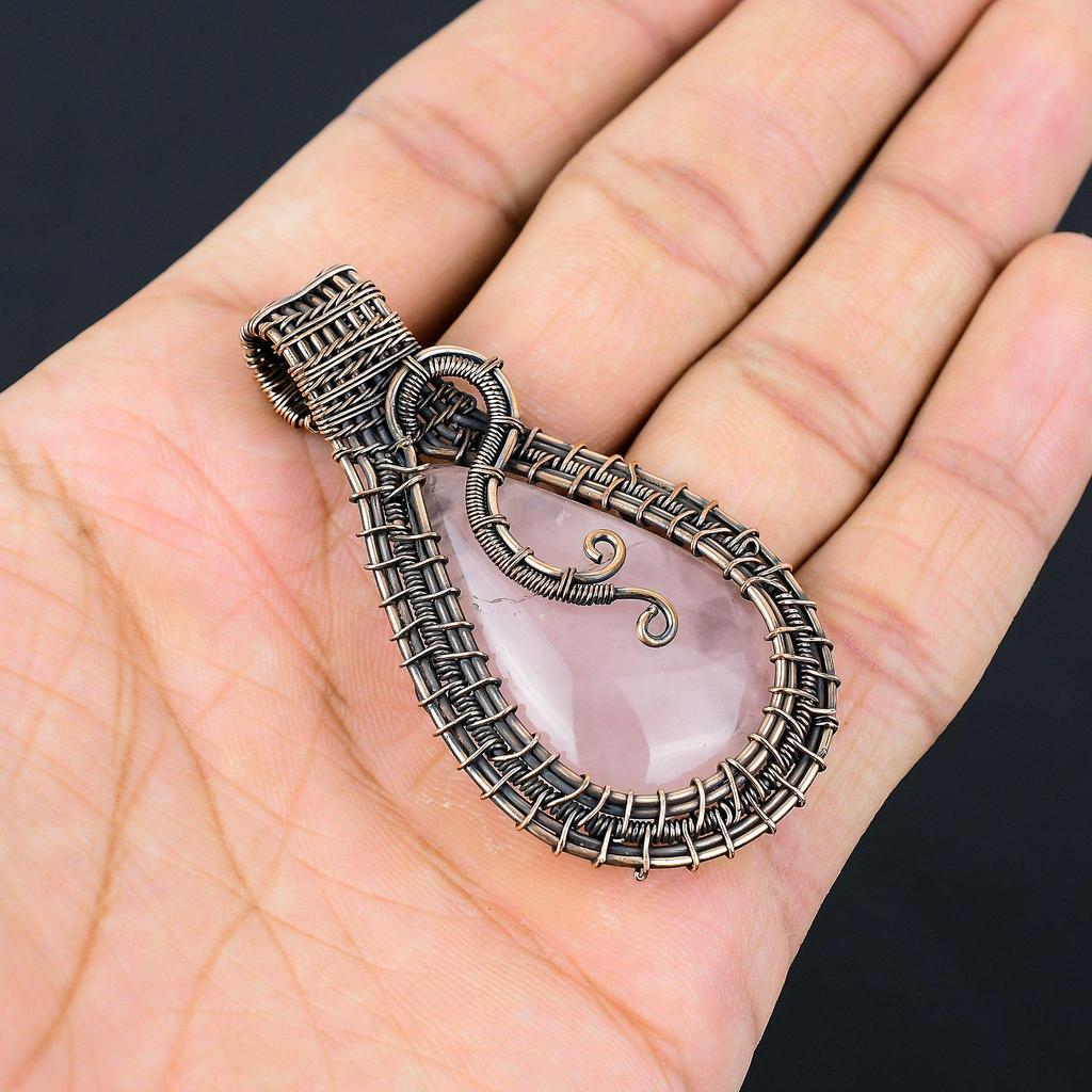 Rose Quartz Jewelry, 999 Copper Wire Wrapped Pendant Handmade Gemstone Jewelry, Gifts For Wife Brand New Pendant