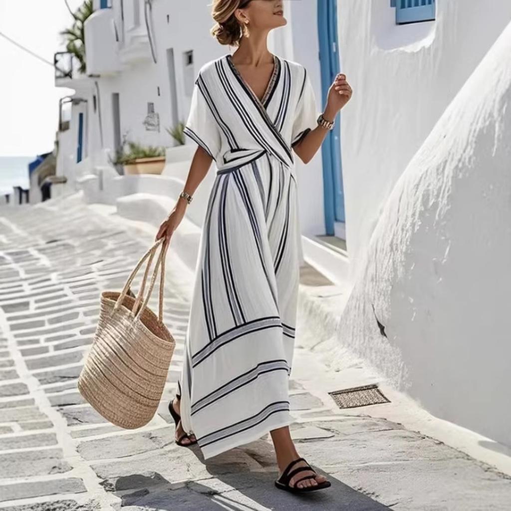 Women's V Neck Short Sleeve Maxi Dress Loose Fit Mid Waist Elegant Striped Wrap Dress