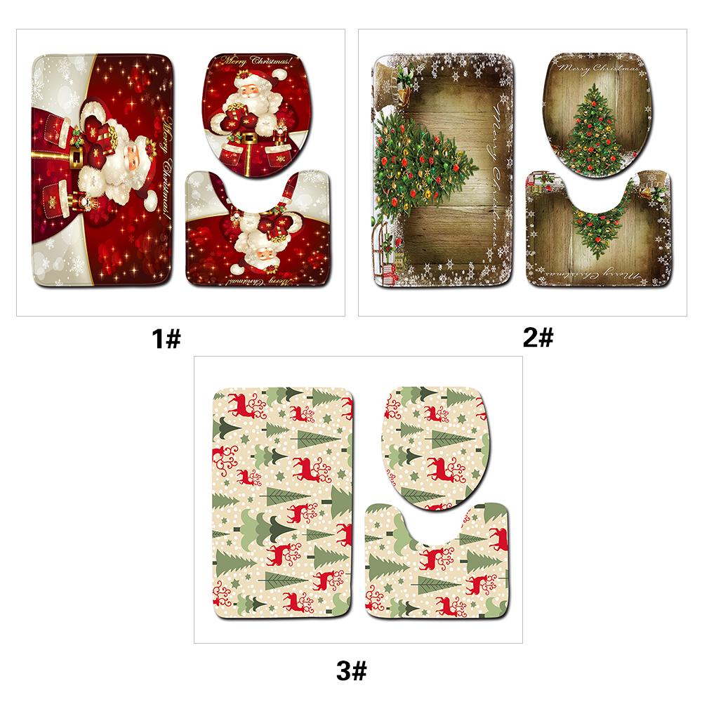 3Pcs/Set Home Bathroom Decor Christmas Elk Tree Printed Non-Slip Floor Mat Bath Mat + Pedestal Rug + Lid Toilet Cover Christmas Decoration Gifts