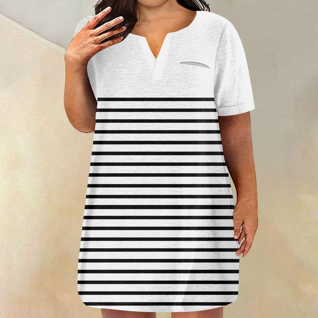 Женские платья больших размеров с V-образным вырезом и коротким рукавом, летнее повседневное однотонное платье-туника с карманом