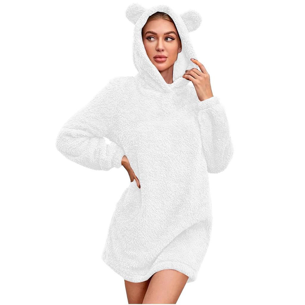 Women's Plush Hooded Casual Cute Bear Ears Pajama Dress