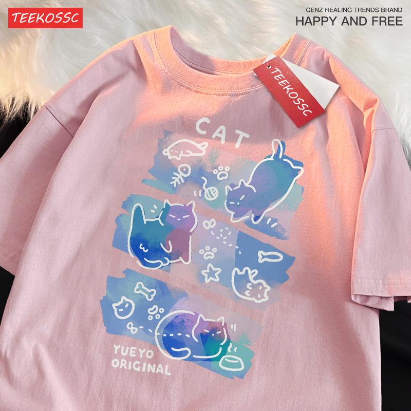 Colorful Three Cats Trendy Loose And Breathable Pure Cotton Summer Short Sleeved T-shirt Men Women Dreamy Fun Cat Cute Clothing