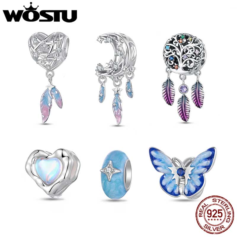 WOSTU 925 Silver Dreamy Butterfly Silicone Spacer Beads Rainbow Heart Charm Moon Dreamcatcher Pendant Fit Necklace Bracelet DIY