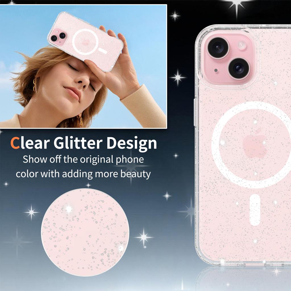 Anti-Yellowing Glitter Clear Cute Case for Magsafe Iphone 17 Air 16 E 15 15Pro 14 Plus 13 Pro Max 13Pro 14Pro 16Pro 17Pro Mag Safe Phone Cover
