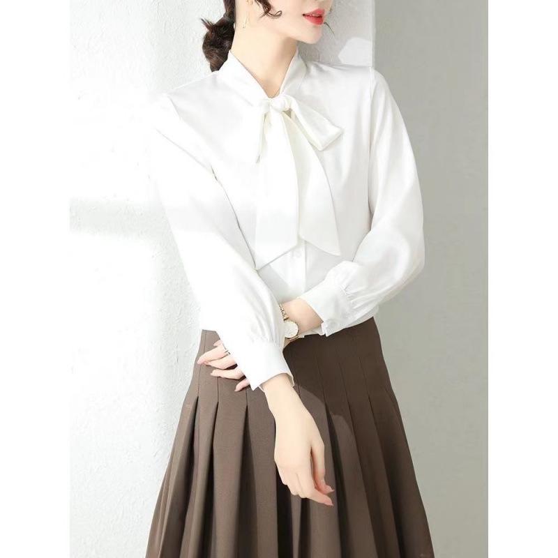 Ацетатный сатин Французская придворная рубашка: Блузка с бантом Весна/Осень 2025