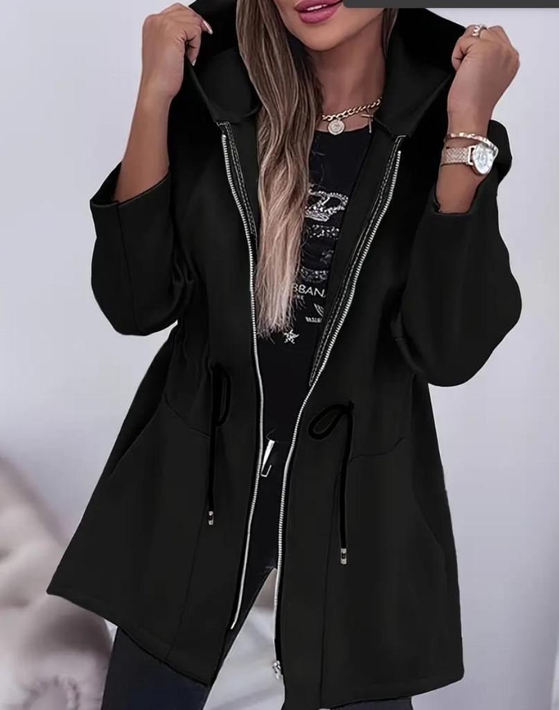 Европейская и американская женская мода Куртка средней длины с капюшоном на молнии и приталенной талией