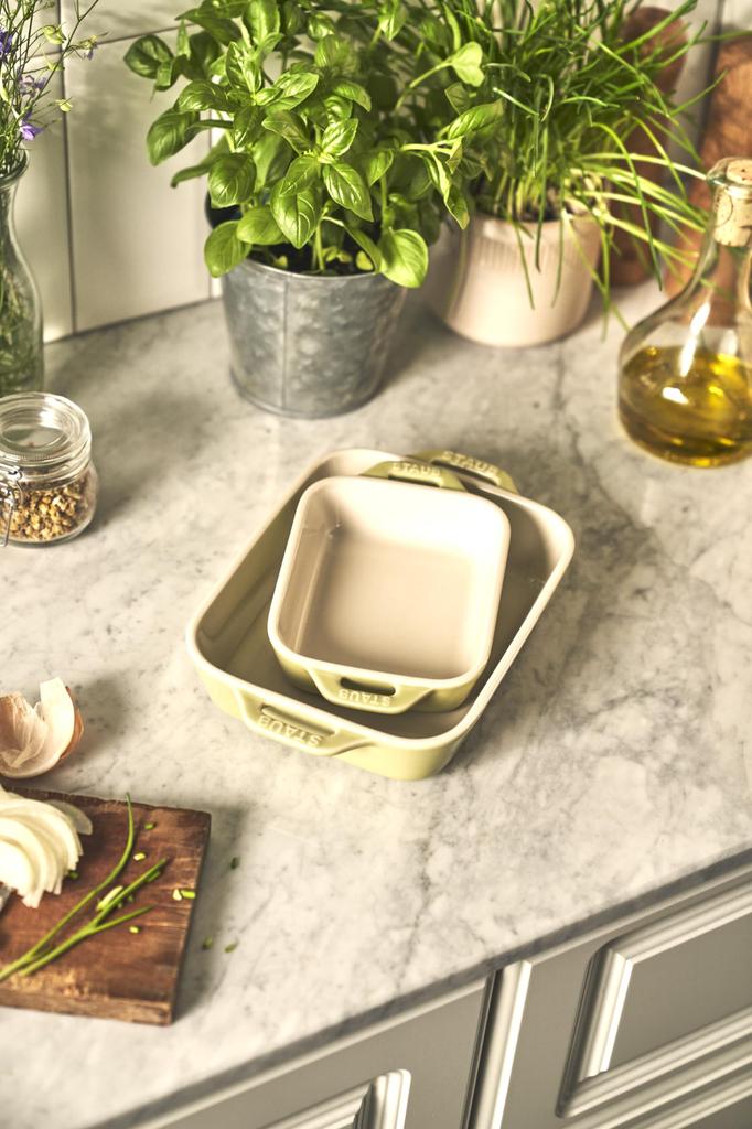 Блюдо staub x 11 см 20 x 2 шт. Набор керамических макарон, блюдо для запекания, подходит для использования в духовке, микроволновой печи, японское блюдо "прямоугольное" (14/16см) Зеленый" [Авторизованный