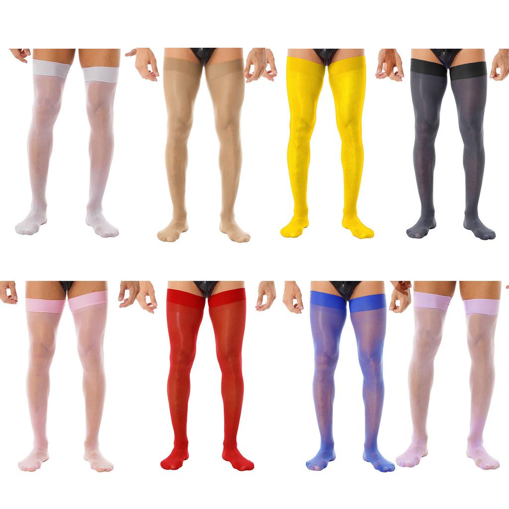 Men Glossy See-through Stockings Thin Shiny Solid Color Stretchy Sheer Thigh High Socks