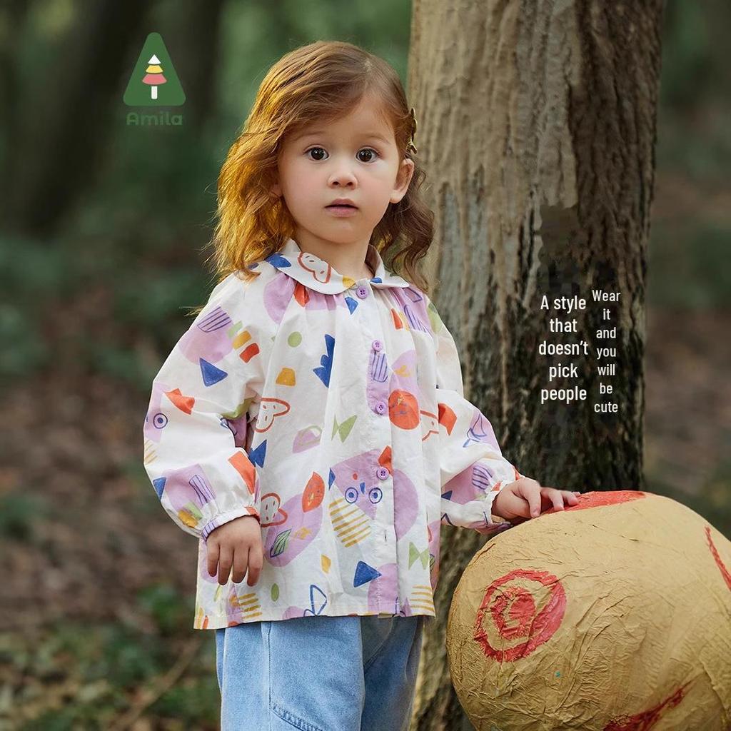 2025 Spring Girls' Cute Sweet Shirt: Full Print Large Lapel Casual Top