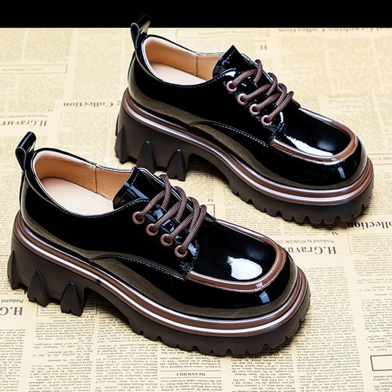 Туфли-лодочки на толстой платформе в британском стиле, повседневные женские осенние туфли на шнуровке, на толстом каблуке, женские туфли из лакированной кожи с круглым носком