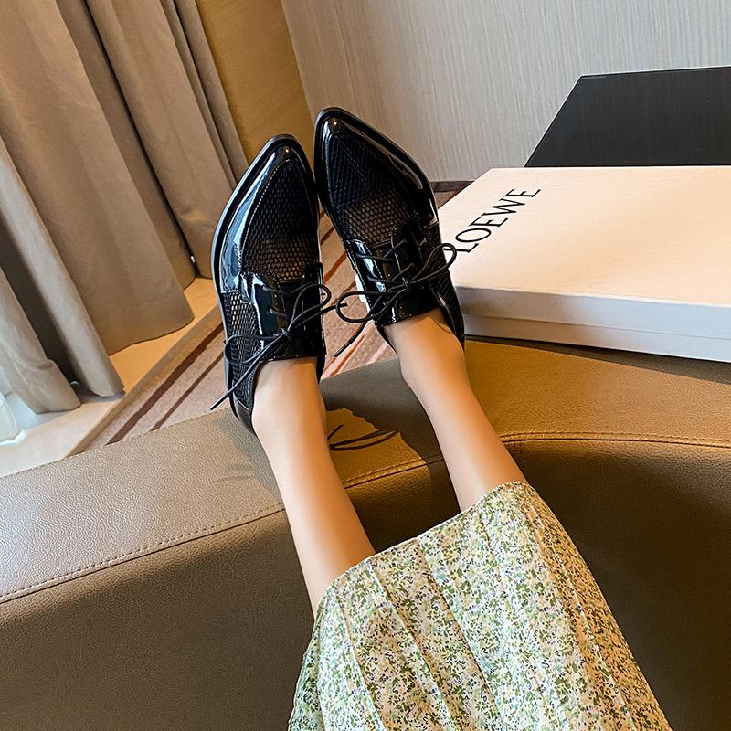 Мода 2025 Весна Сетчатые Оксфорды Женская Обувь На Шнуровке Женские Броги На Плоской Подошве Дерби Обувь Заостренный Носок Шнуровка Каблуки Женская Обувь для Женщин