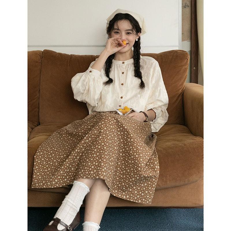 Johnature Весенняя рубашка Mori Vintage с круглым вырезом и вышивкой, свободная, с длинным рукавом, женская, повседневная, жаккардовая, топы