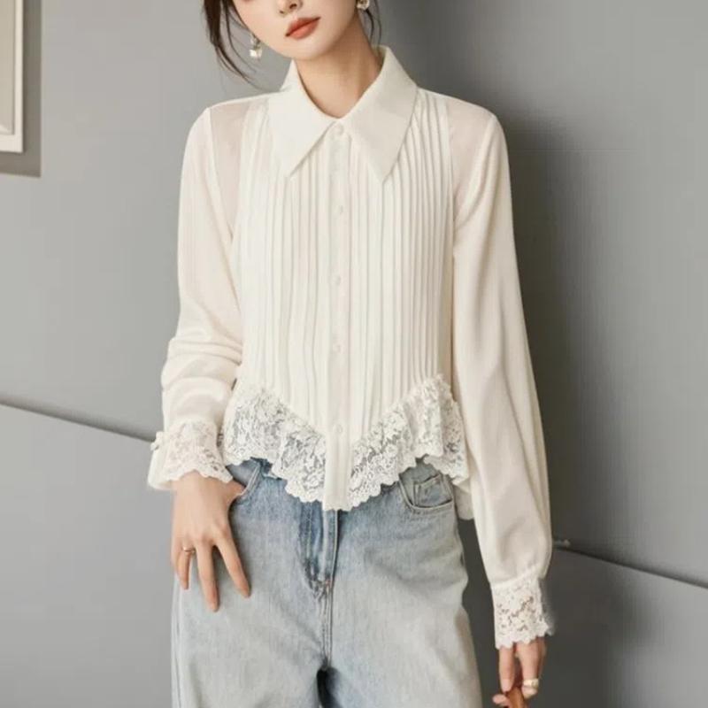 Spring Autumn Long Sleeve White Top Women Turn-down Collar Lace Blouse Female Pleated Irregular Butttons Shirt