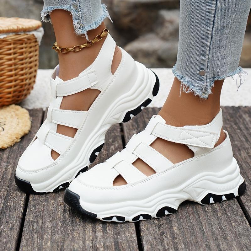 Women's Wide Width Platform Sneakers, Breathable Cutout Wedge Sports Shoes, Velcro Strap Height Increasing Casual Shoes