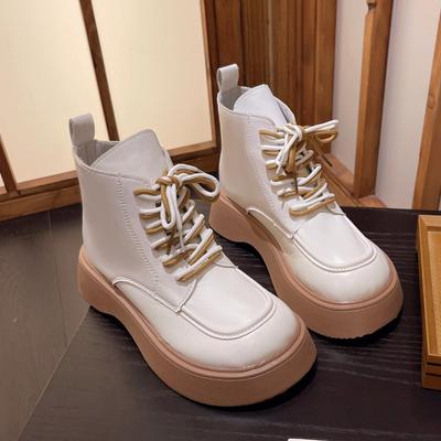 Женские сапоги, зимние новые плюшевые теплые короткие сапоги, обувь на толстой подошве, модные британские ботинки со шнуровкой, нескользящие, удобные ботильоны