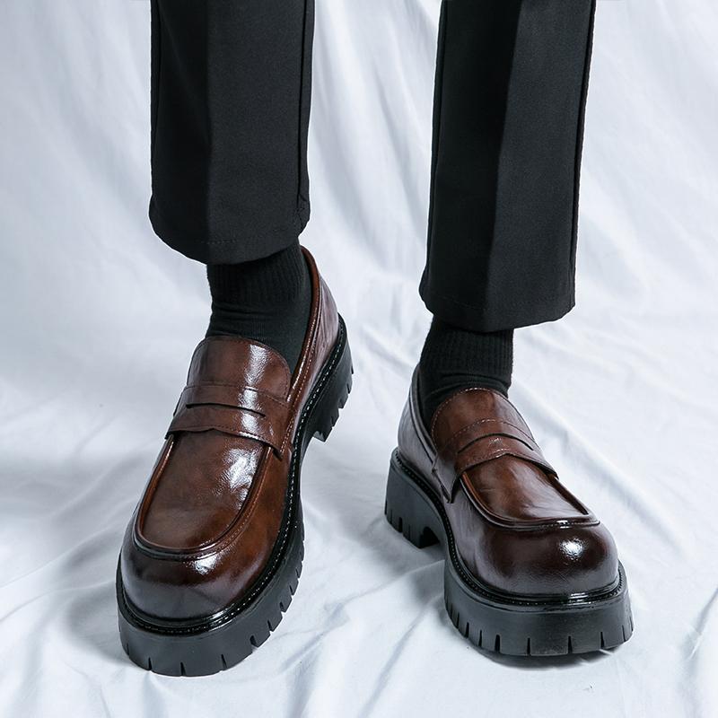 Spring Summer Versatile Thick Soled Round Toe Man Loafers Brown Leather Daily Wedding Fashion Dress Slip-on Party Casual Shoes