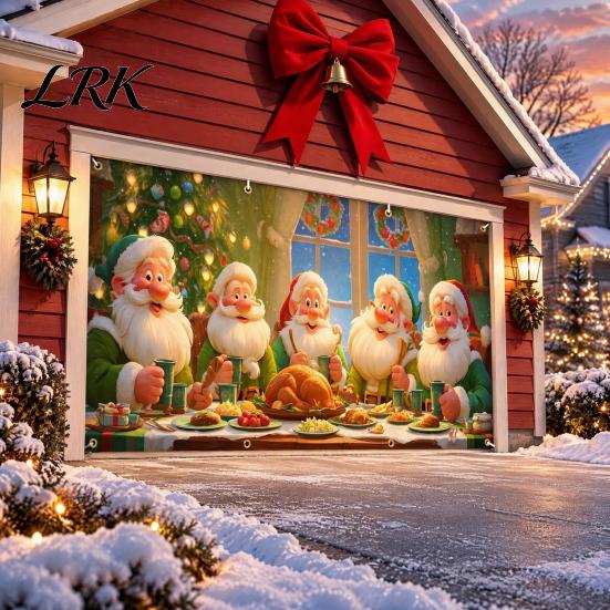 Large Format Door Display Christmas Garage Cover, Winter Holiday Hanging Banner Backdrop, Tree Backdrop Santa Claus Snowman Truck Photography