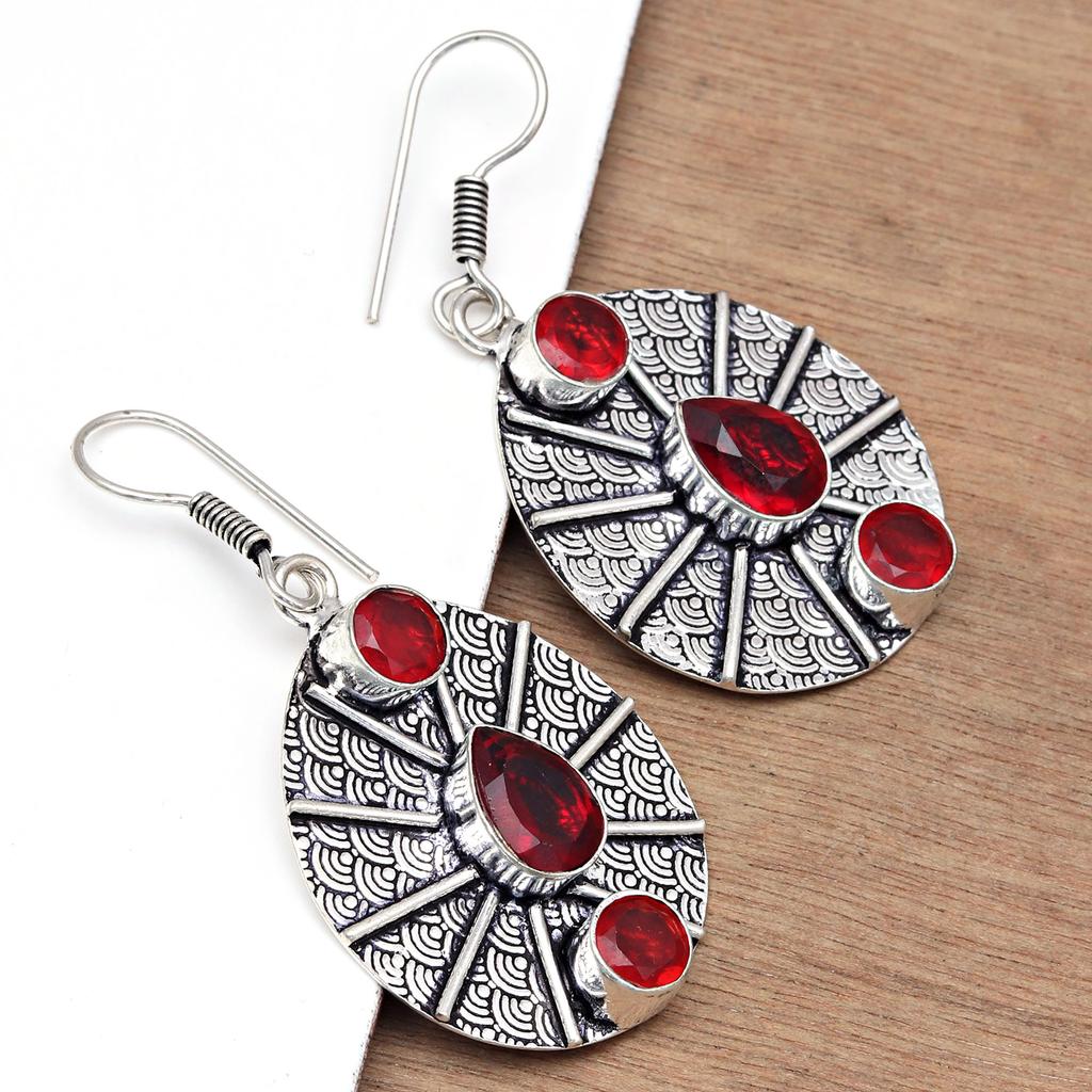 Mozambique Garnet Gemstone Unisex Women's Silver Jewelry Earring 1.5''