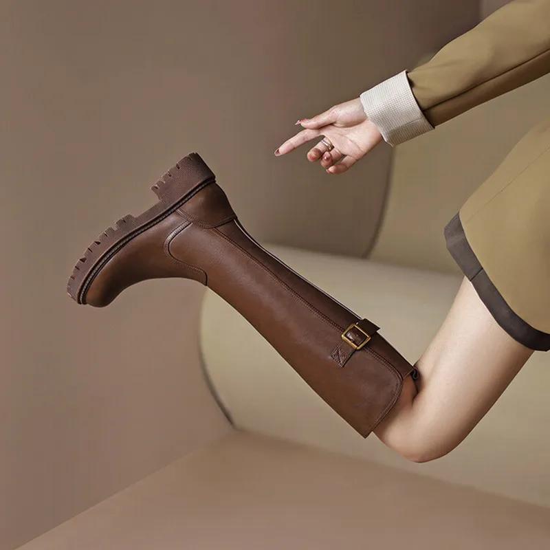 Новые сапоги длиной до колена, женские модные длинные сапоги на толстом каблуке и платформе, осенне-зимние женские коричневые сапоги с круглым носком и молнией