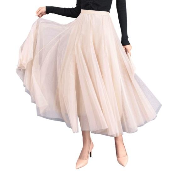 Women Midi Skirt Elastic High Waist Long Skirt with Solid Mesh Hem Solid Color A-Line Skirt Daily Wear