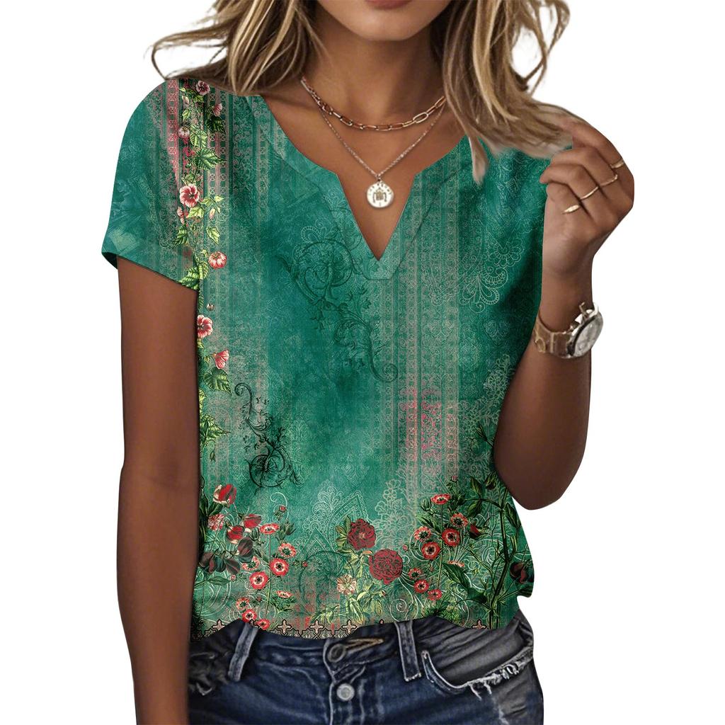 Женская повседневная футболка с цветочным принтом, пуловер с V-образным вырезом и коротким рукавом