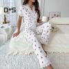 2 шт./комплект пижамный костюм кружевной сращивание V-образный вырез короткий рукав топ вишневый принт домашняя одежда повседневный топ брюки комплект одежды для сна