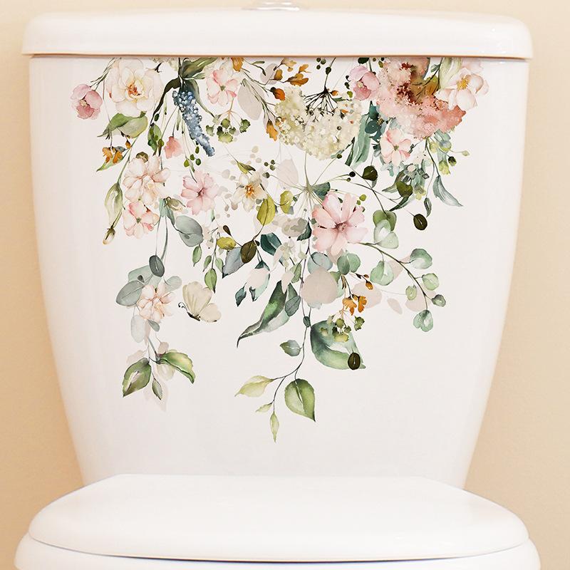 Green Plant Leaves Flower Toilet Stickers Bathroom Wall Decor Decals Living Room Home Decoration Beautify Self-Adhesive Poster
