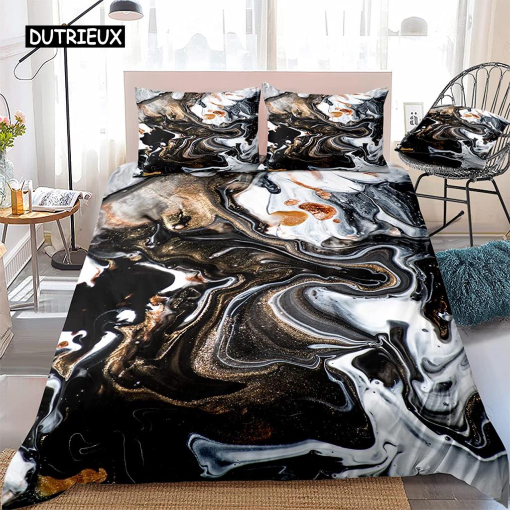 Мраморный пододеяльник Черное мраморное постельное белье Черное белое золото Абстрактная мраморная текстура Полиэстеровый пододеяльник Двуспальный размер Queen King Size