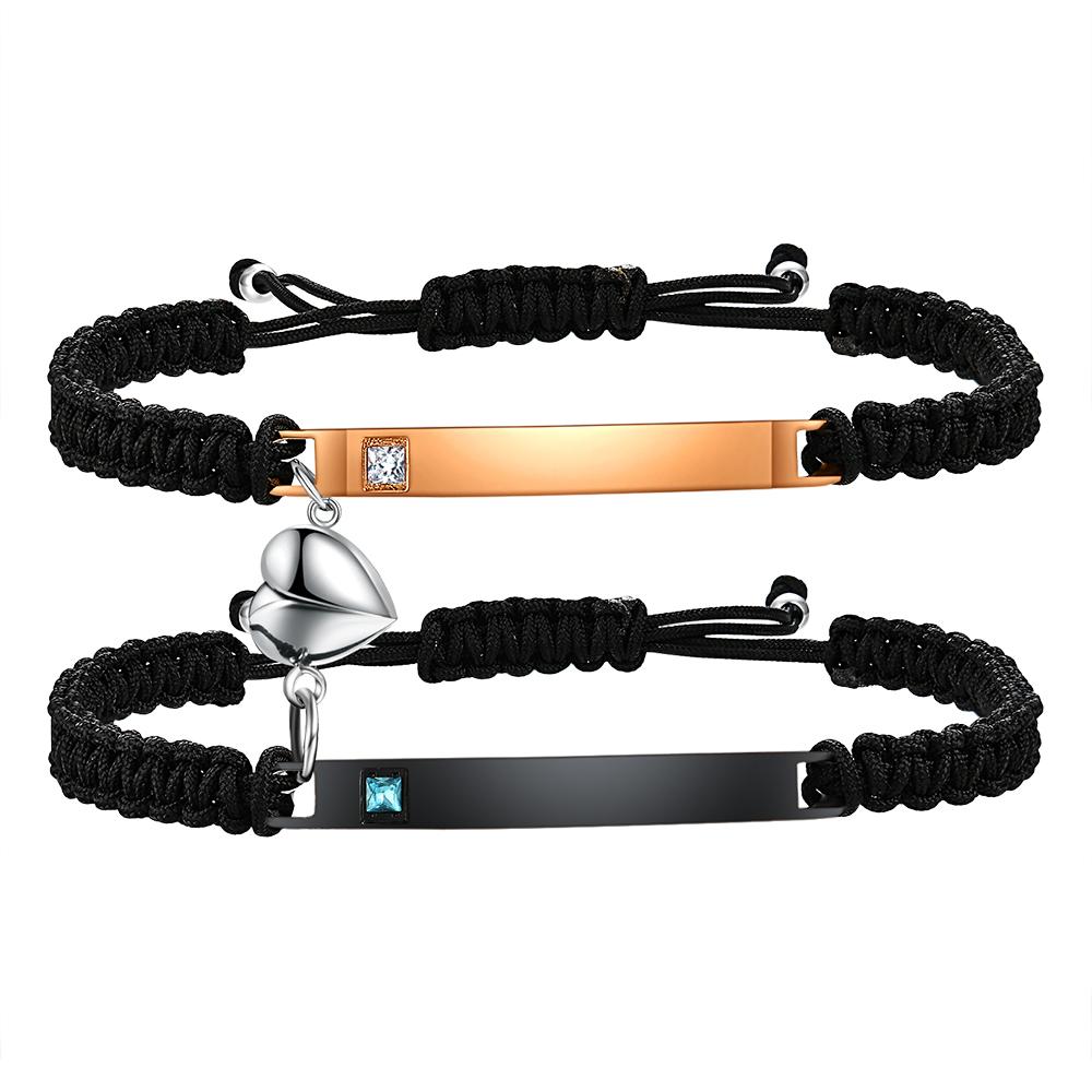 Long smooth surface engraved bracelet fashionable hand-woven heart hollowed-out magnetic stainless steel couple bracelet