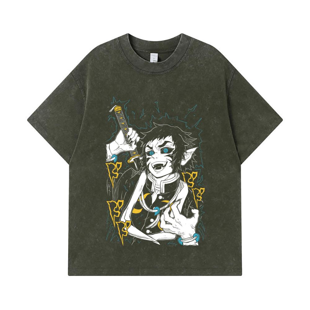 275 GSM Washed T-shirts 100% Cotton Demon Slayer V40 Kaigaku Print Unisex Heavy Cotton T Shirt