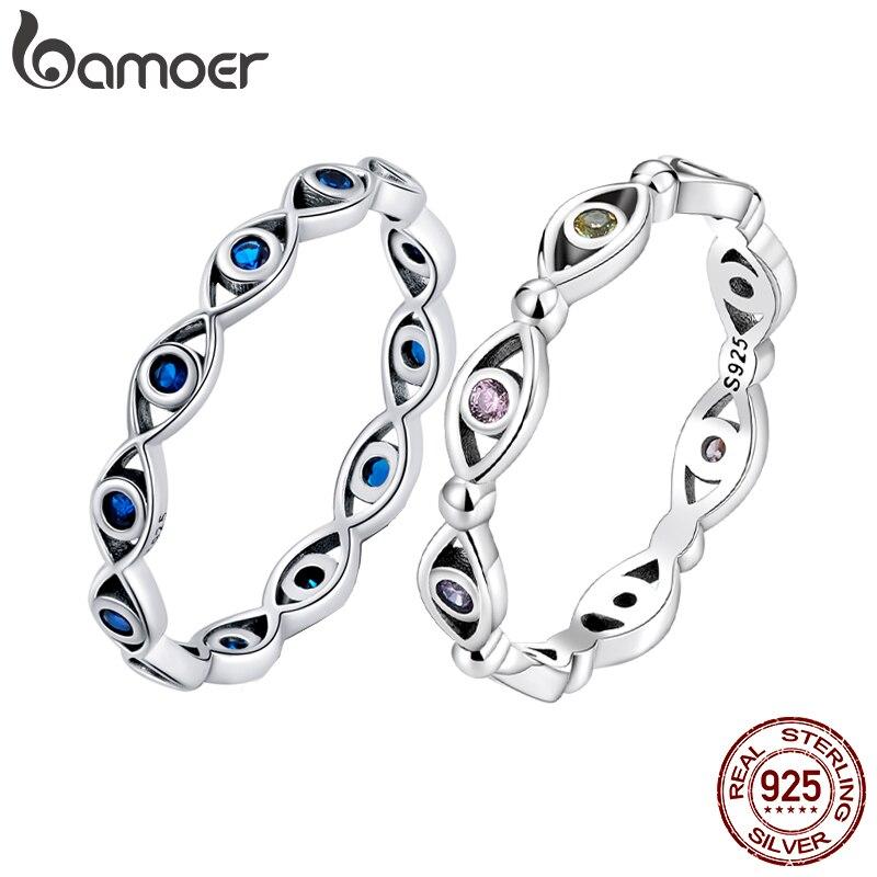 Bamoer 925 Sterling Silver Blue Zircon Demon Eye Element Size 6,7,8 Rings for Women Vintage Fine Jewelry