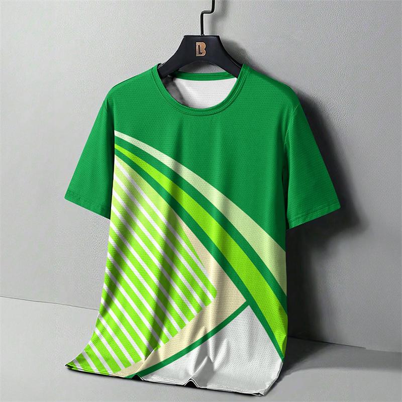 Men's Fashion Striped 3D Printed T-shirt, Summer Outdoor Comfortable Running Top, Personalized Casual Short Sleeved Sports Shirt