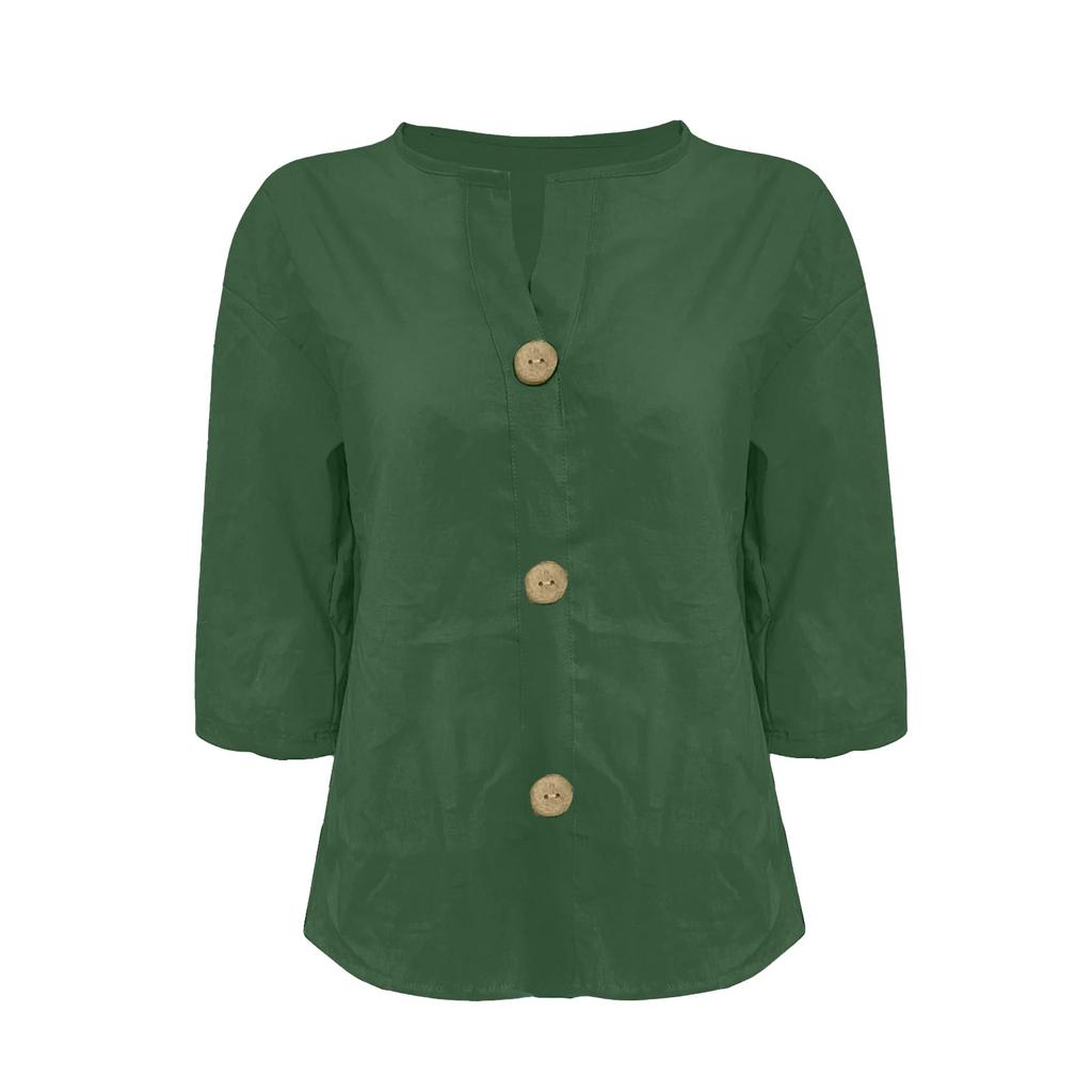 Women's Fashion Casual V-Neck Buttoned Seven Sleeve Cotton Linen Top