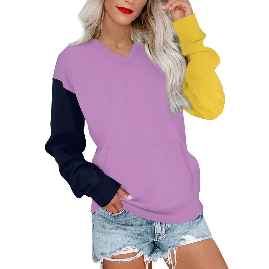 Женская повседневная модная цветная стеганая толстовка с V-образным вырезом и длинным рукавом, легкий пуловер с карманами