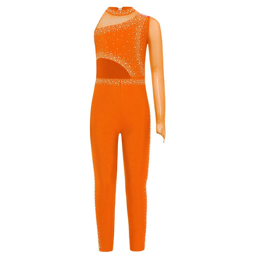 Girls Gymnastics Jumpsuit Sheer Mesh Patchwork Cutout Asymmetrical Design Mock Neck Sparkly Rhinestones Full Body Leotard