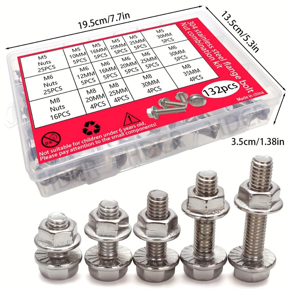 132-piece stainless steel hexagonal flange bolt and nut set, M5/M6/M8, length 10-35mm