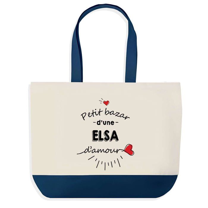 Sac shopping - PLANETEE - Sac shopping fond bleu Bazar d'une Elsa d'amour - Coton 40x45 cm - Grand format - Made in France