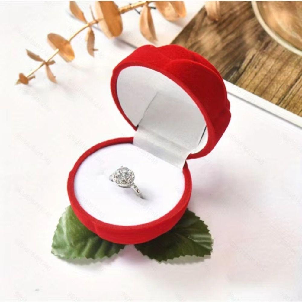 Red Velvet Rose Ring Box Simulation Flower with Leaves Valentine's Day Rose Ring Gimmick Romantic Rose to Ring Box