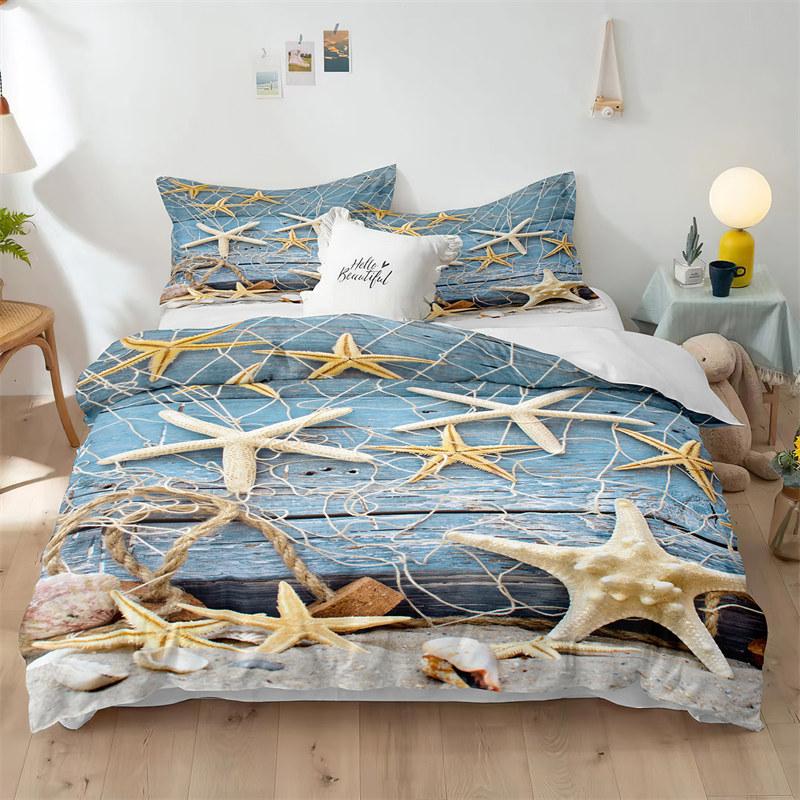 Beach Theme Duvet Cover Set Blue Ocean Bedding Set King Queen For Kids Girls Microfiber Seashell Starfish Print Comforter Cover