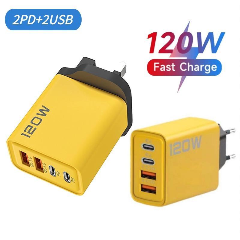 120W 4 Port Phone Charger Adapter 2 USB + 2 Type C PD Quick Charging Mobile Phone USB Charger Adapter For iPhone Huawei Samsung