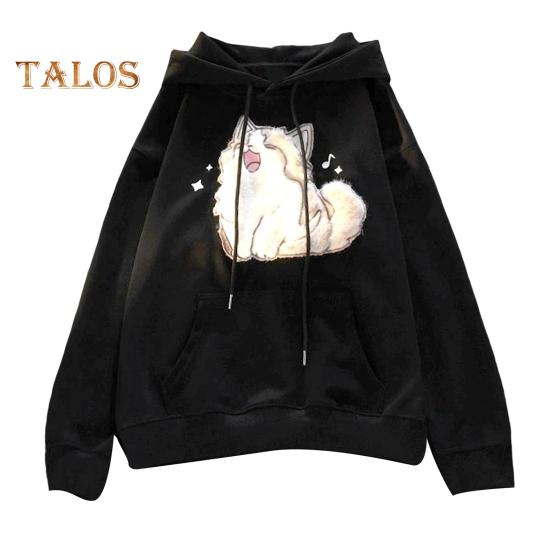 Осень-зима Женская толстовка с капюшоном на эластичных манжетах с завязками на резинке, плотная флисовая вышивка с изображением кота, большой размер, накладные карманы, свободный пуловер с длинными рукавами, теплый парный топ