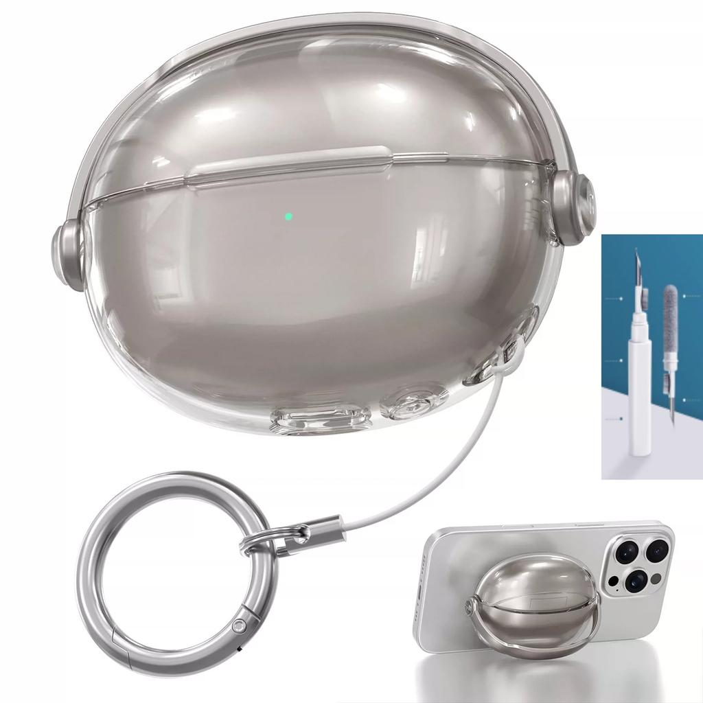For Baseus MC1 MC1Pro Clear Earbuds Case With Hidden Kickstand Metal Protective Cover Portable Anti-lost Lanyard Headphone Shell